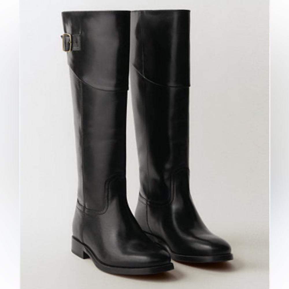 Mango Black Leather Tall Riding Boots with Buckle, new with tags - Picture 4 of 12